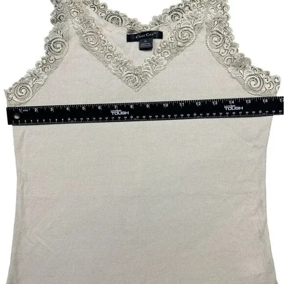 Vtg Y2K Lace Trimmed Tank Top Womens Sz XL Beige Fairycore Beaded Coquette Fairy - Picture 5 of 13